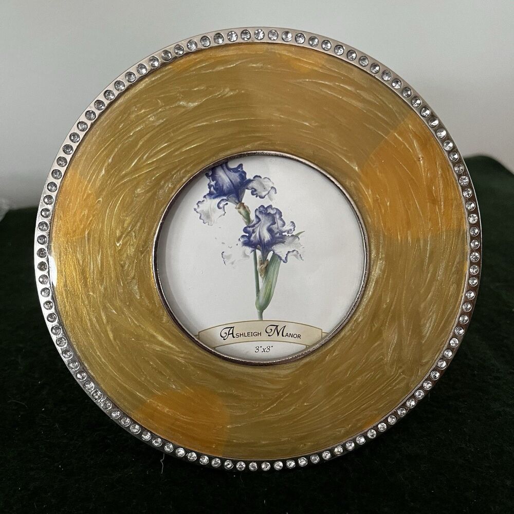 Ashleigh Manor Small Round Picture Frame Gold Metal Enamel Vintage Rhinestones